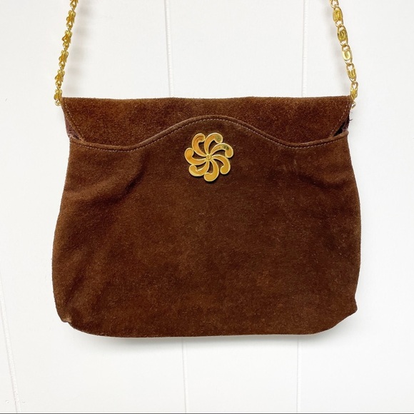 VINTAGE Triangle New York Brown Leather and Gold Tone Chain Detail Purse - Picture 1 of 9